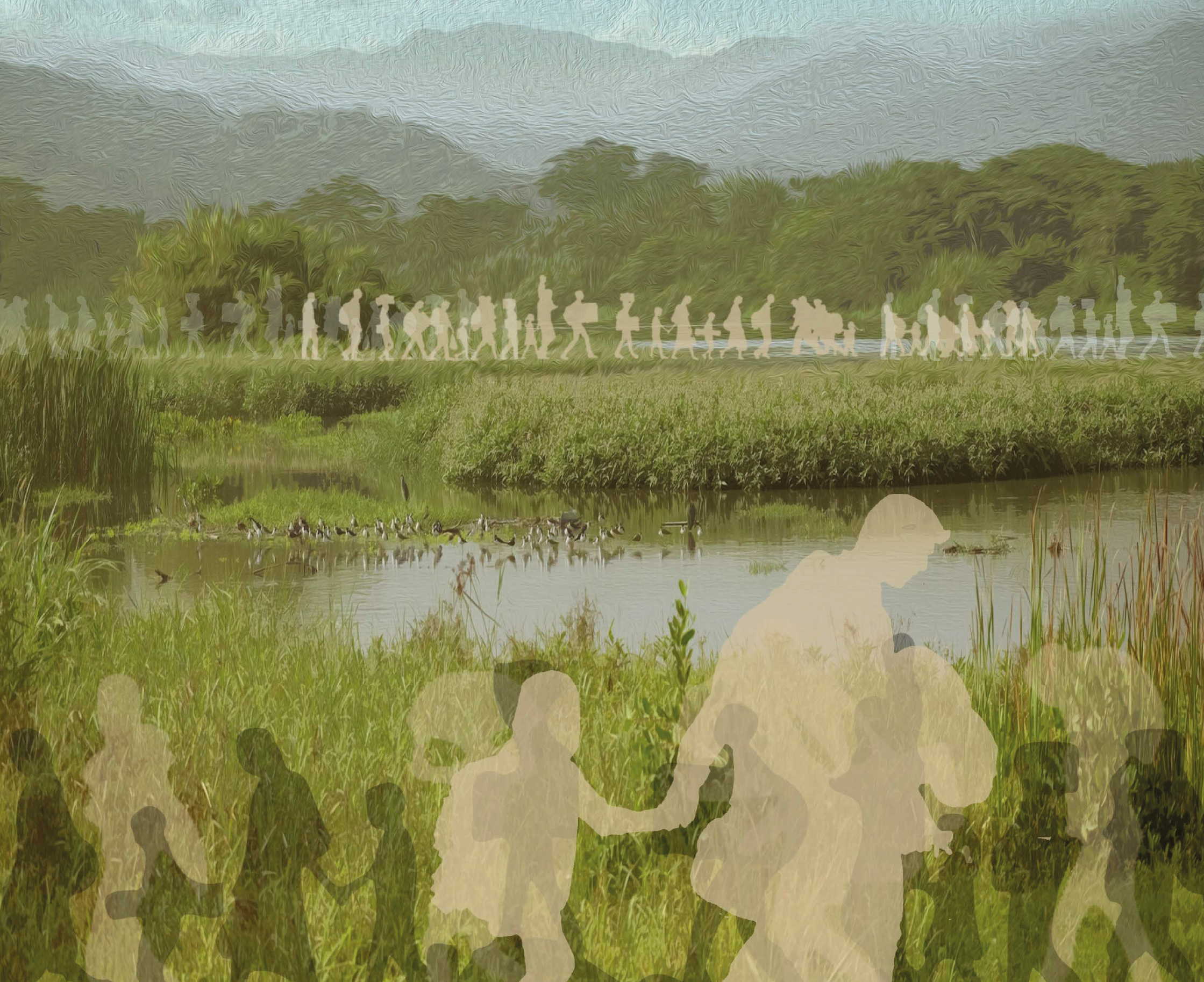 Paisaje ilustrado con personas en desplazamiento